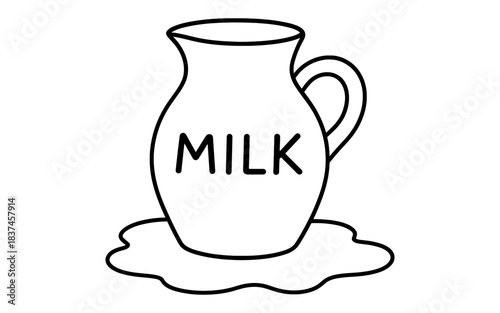 Simple outline drawing of milk jug on spilled milk background