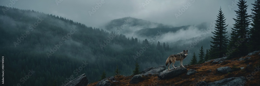 Fototapeta premium Majestic wolf stands proudly on a rocky outcrop overlooking a misty forest landscape