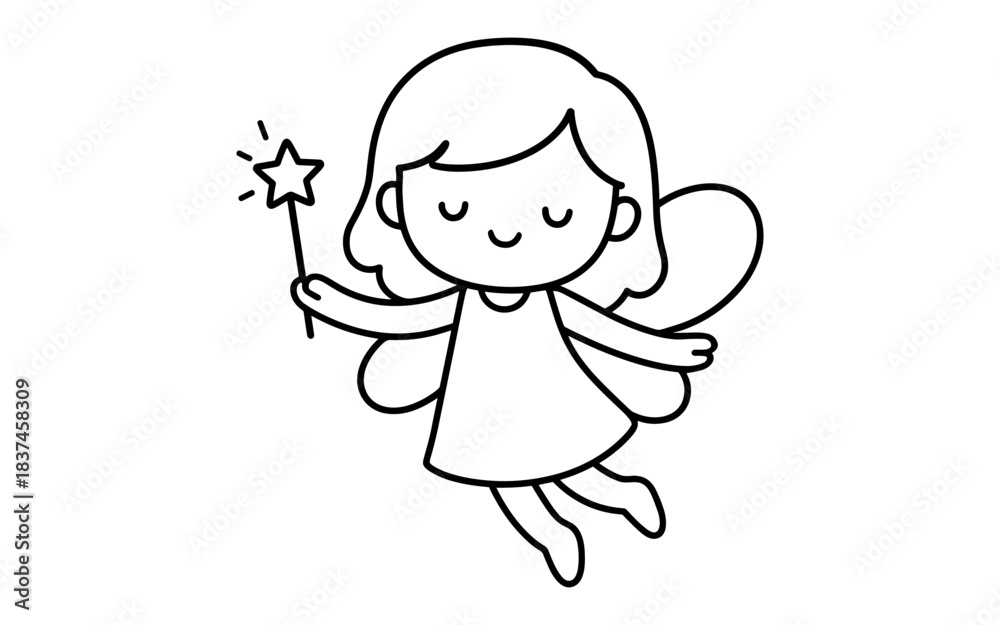 Fototapeta premium Cute fairy with wand in simple line art style