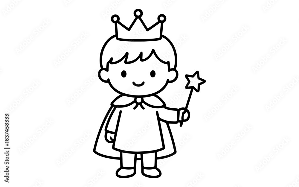 Fototapeta premium Cute cartoon prince with crown and wand in outline style for kids