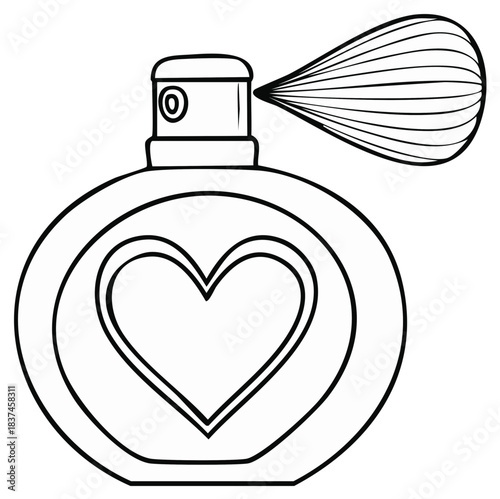 Black and white outline of a vintage perfume atomizer with a heart symbol spraying a romantic fragrance mist