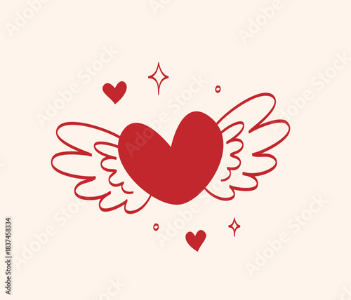Minimal red illustration of a heart with wings and elegant lines and sparkles in vintage style. Element is perfect for greeting cards, invitations, print, wedding, tattoo, packaging, advertising