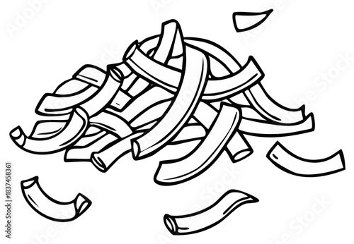 Black and white cartoon illustration of a pile of uncooked macaroni pasta