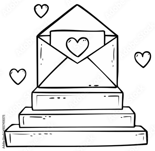 Simple line art illustration of an open envelope holding a heart message with hearts drifting around it