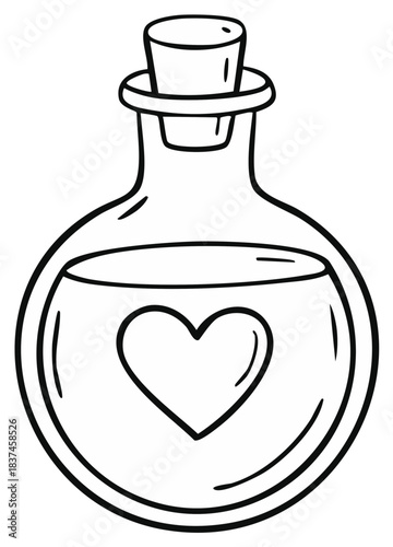 Hand drawn love potion bottle with a heart symbol black and white line art illustration