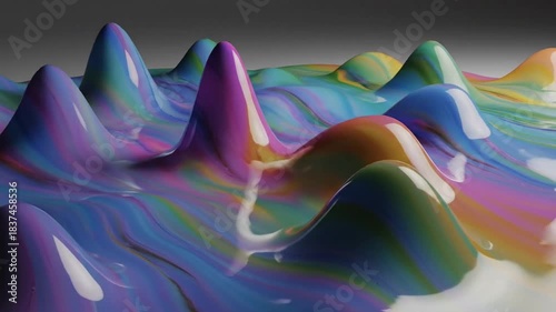 Vibrant Abstract Liquid Waves With Swirling Rainbow Colors And Glossy Reflections Creates A Psychedelic Landscape With Smooth Ripples And Peaks Under Soft Studio Lighting