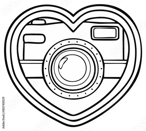 Hand drawn heart shape outline enclosing a simple camera icon with lens