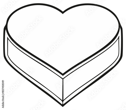 Simple black and white line art of a three dimensional heart shaped box for a coloring page or icon