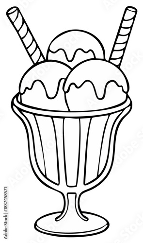 Ice cream sundae dessert outline drawing with three scoops and wafer sticks in a classic glass cup