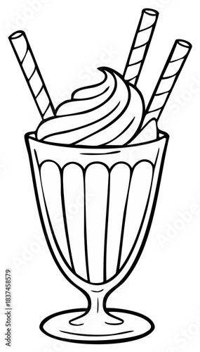 Sweet dessert milkshake or ice cream sundae with whipped cream and wafer sticks outline illustration