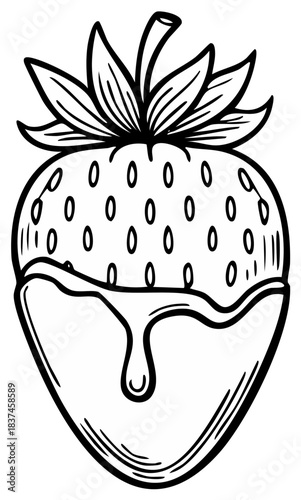 Hand drawn outline of a chocolate-dipped strawberry with dripping chocolate and leaf crown