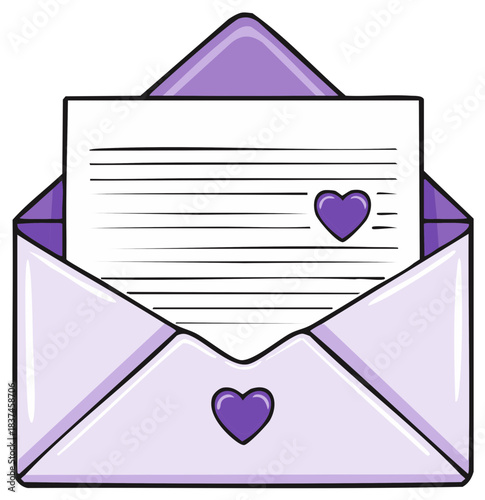 Purple Love Letter in Open Envelope with Hearts Cartoon Illustration