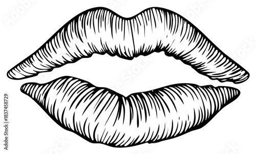 Woodcut style graphic illustration of sensual lips depicting beauty and passion with textured lines