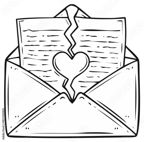 Hand drawn illustration of a breakup letter torn into a broken heart shape in an open envelope