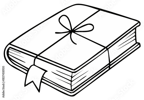Hand drawn line art of a closed book tied with a string bow and bookmark vector illustration