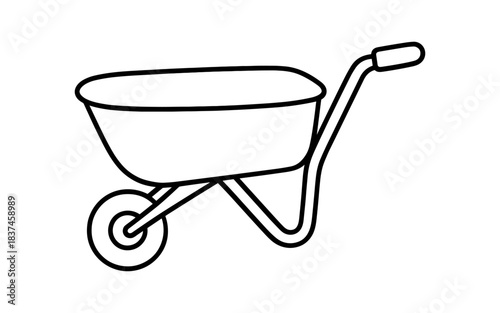 Minimalist linear outline of a wheelbarrow in black and white design