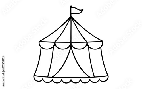 Elegant circus tent outline with flag in minimalist black and white design