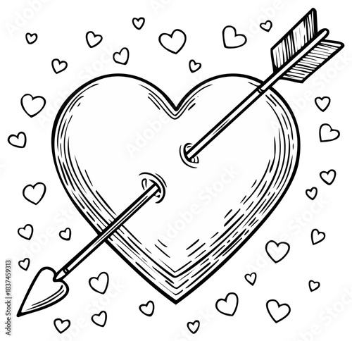 Hand drawn heart pierced by an arrow surrounded by smaller hearts illustration