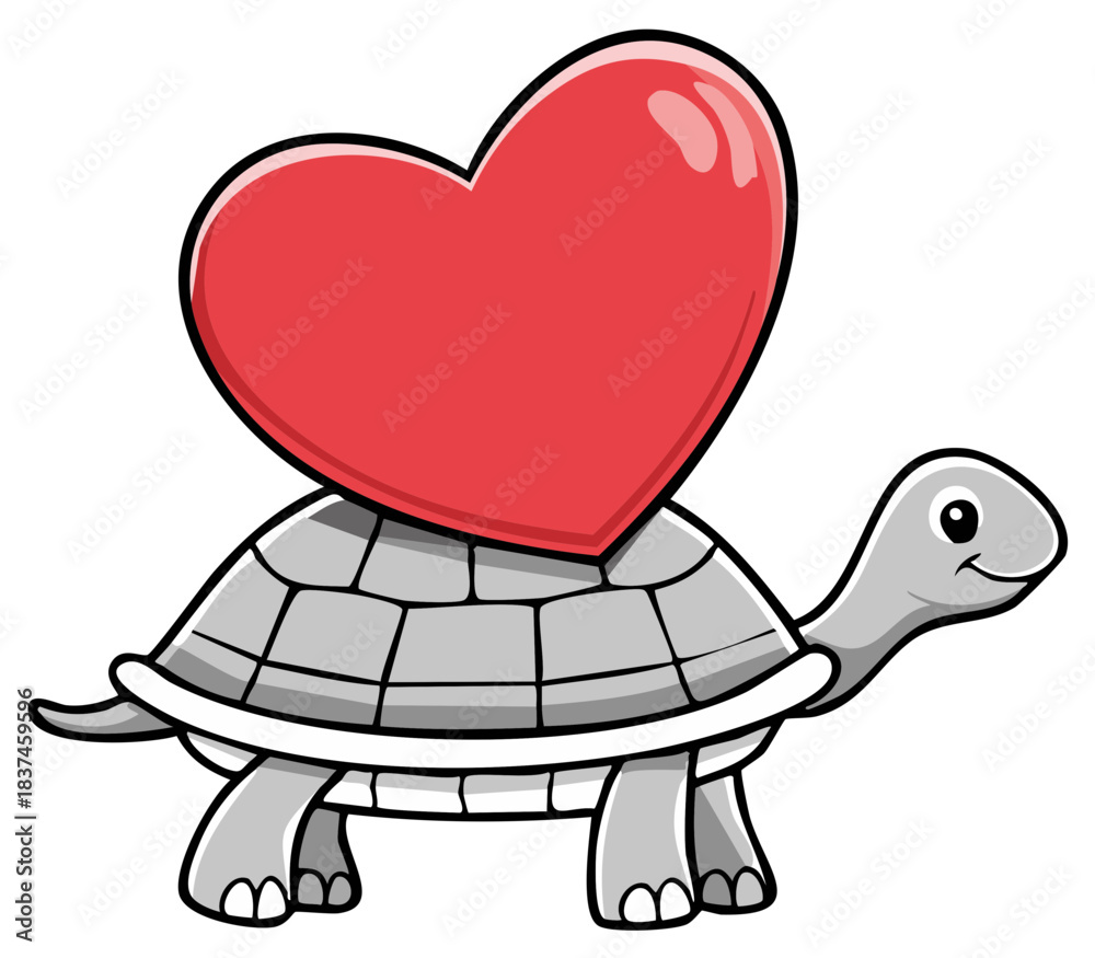 Obraz premium Cute cartoon turtle carrying a big red heart on its shell illustrating slow steady love
