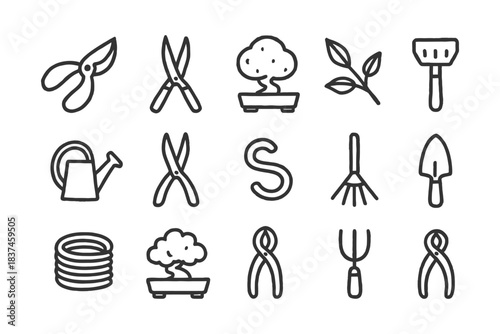 Gardening tools and plant icons set in black and white.
