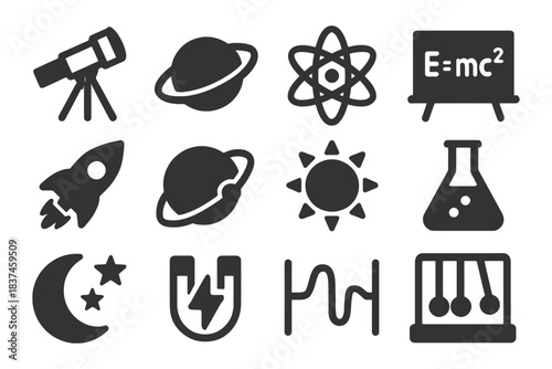 Science icons set: telescope, atom, rocket, moon, magnet, and more.