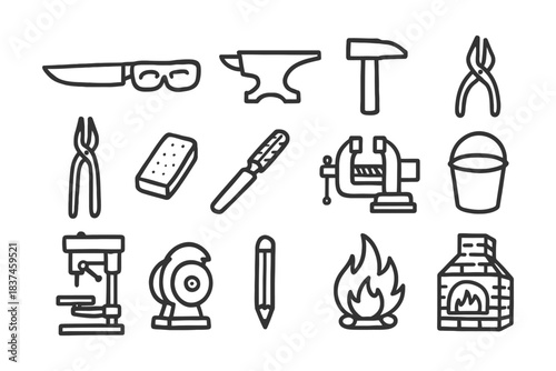 Blacksmith tools icons set: anvil, hammer, furnace, pliers, drill, fire.