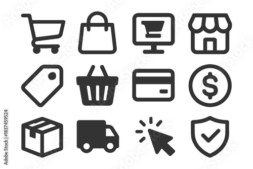 E-commerce icons: shopping cart, store, delivery, payment, online retail symbols.