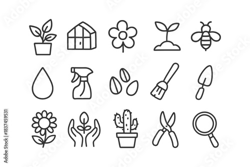 Gardening tools and plants icon set: flower, sprout, greenhouse, bee.