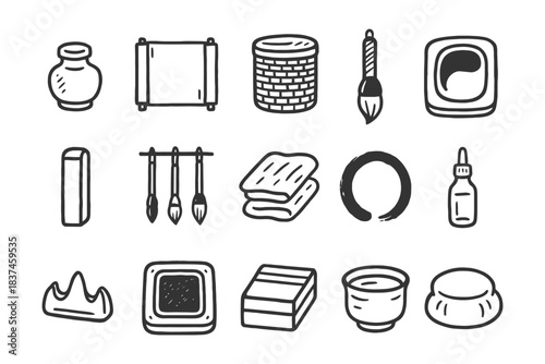 Hand drawn art supplies and tools collection in black and white.