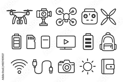 Drone and photography icon set with camera, battery, and gear symbols.