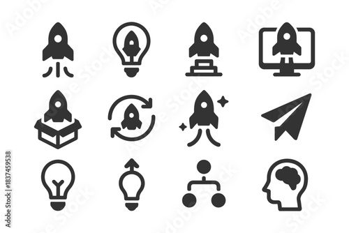 Rocket icons and innovation symbols for startup and technology concepts.