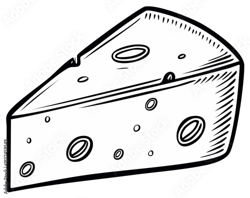Simple wedge of Swiss cheese with holes in a line drawing style