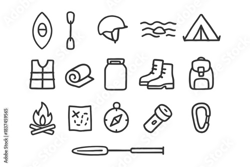 Outdoor adventure icons: kayak, tent, backpack, and camping essentials.