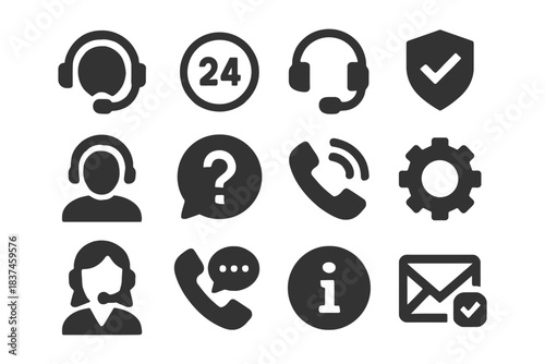 Communication and customer support icons: headset, phone, email, information.