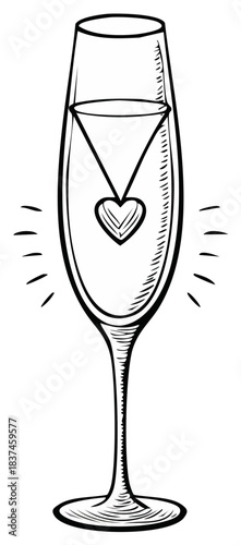 Hand-drawn champagne flute with heart pendant and radiating lines