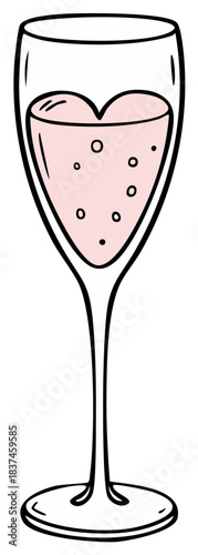 Cartoon champagne flute with pink heart-shaped bubbly drink for celebration