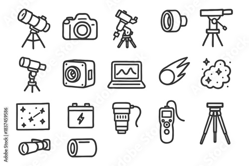 Astronomy equipment icons: telescopes, cameras, lenses, and tripods.