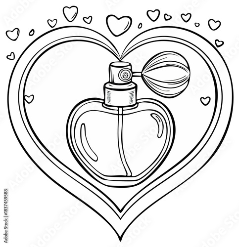 Elegant Heart Shaped Perfume Bottle with Atomizer and Hearts, Black and White Outline