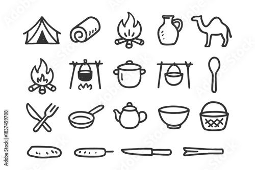Camping and cooking icons: tent, campfire, cookware, camel, and utensils in black and white.
