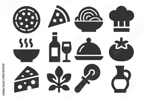 Italian cuisine icons: pizza, pasta, chef hat, wine, cheese, herbs, tomato, oil.