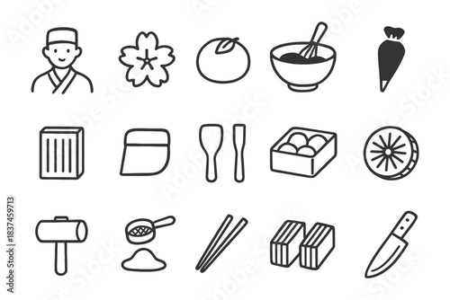 Outline icons of japanese chef and cuisine elements.