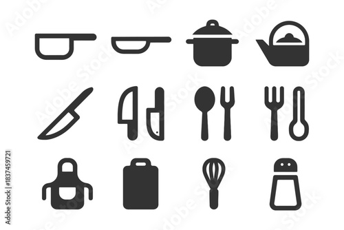 Kitchen utensils icon set: pots, knives, spoons, forks, teapot, apron, whisk, cutting board.