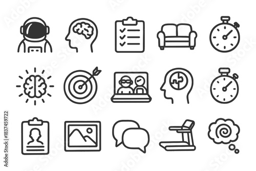 Collection of icon designs: astronaut, brain, checklist, couch, stopwatch, target, virtual meeting.