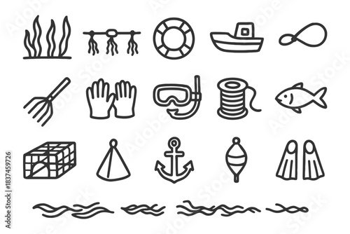 Hand-drawn nautical icons: fishing, diving, marine life, and boating symbols.