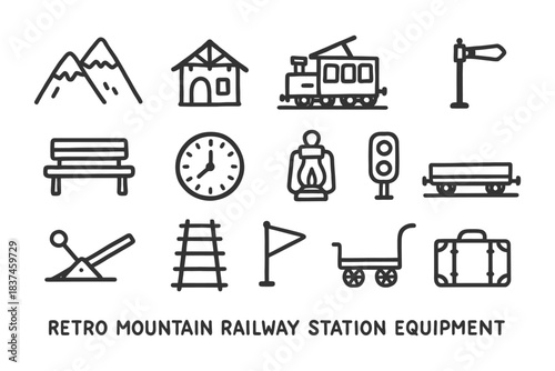Retro mountain railway station equipment icons: train, lantern, signal, tracks, house.