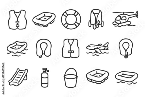 Safety equipment icons: life jackets, inflatable rafts, helicopter, airplane, and more.