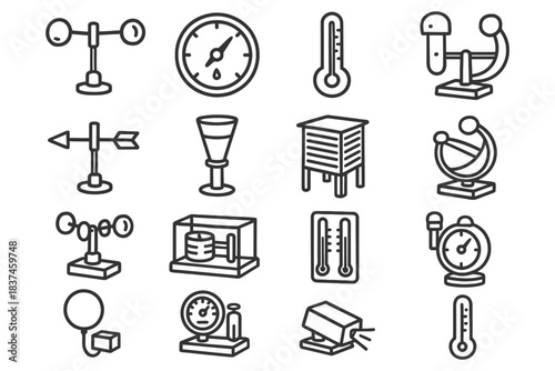 Collection of weather instruments icons for meteorological data measurement.