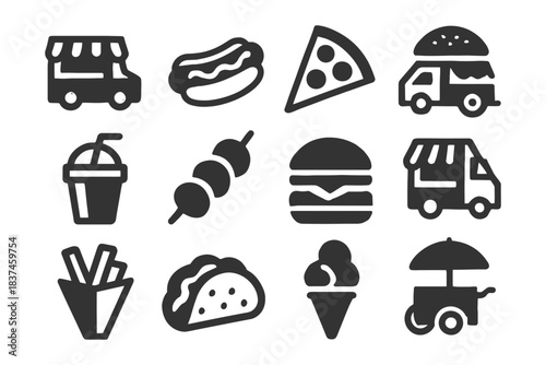 Black and white icons of street food: pizza, burger, taco, ice cream, fries.