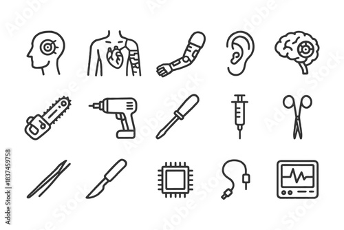 Medical and prosthetic equipment icons: brain, heart, arm, syringe, tools.