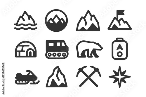 Arctic adventure icons: mountains, igloo, polar bear, snowmobile, compass.
